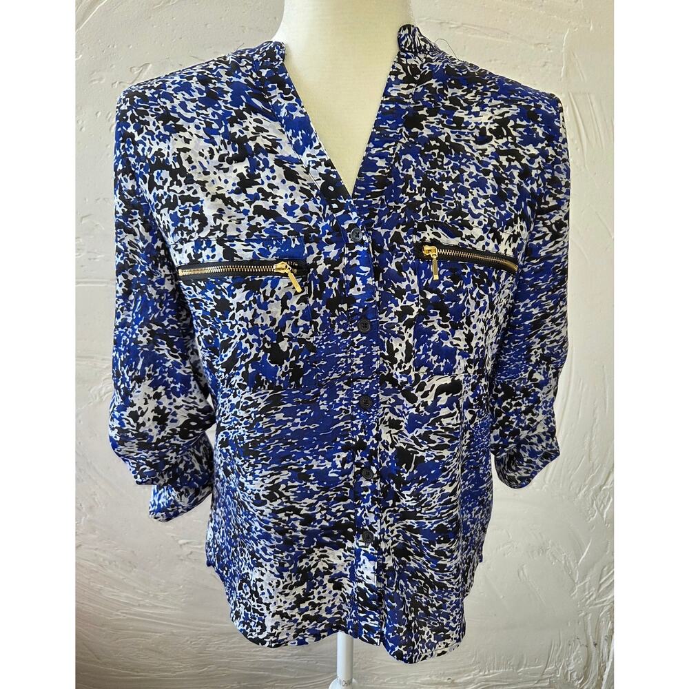 Harve Benard Woman's Black/White/Blue Silky Blouse with Zippered pockets Size S